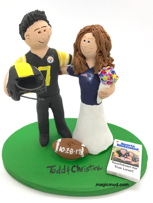 NCAA Football Wedding Cake Topper, Patriots vs Steelers Wedding Cake Toppers, Custom Made NFL Wedding Cake Topper