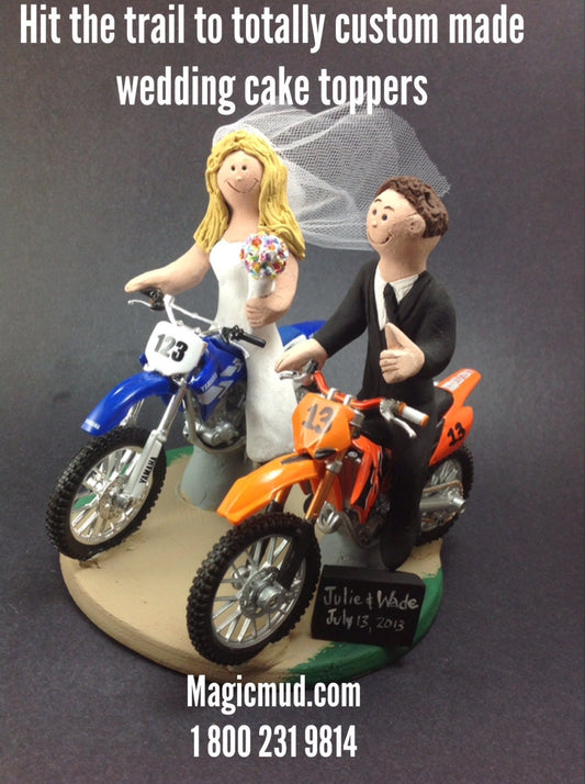 Custom Made Motorcycle Wedding Cake Topper - Dirt Bikers Wedding Cake Topper - KTM Wedding Cake Topper - Bikers Wedding Cake Topper