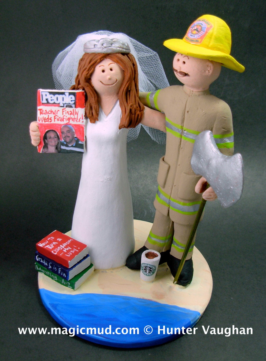 FireFighter Groom Marries Teacher Bride Wedding Cake Topper, Fireman Wedding Cake Topper, Fire Fighters Wedding CakeTopper, Fireman Figurine - iWeddingCakeToppers
