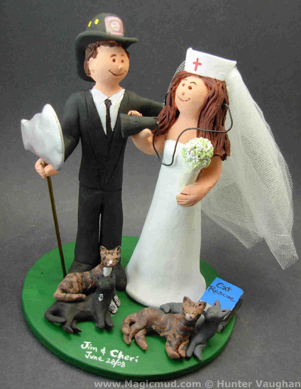 FireFighter Groom Marries Teacher Bride Wedding Cake Topper, Fireman Wedding Cake Topper, Fire Fighters Wedding CakeTopper, Fireman Figurine - iWeddingCakeToppers
