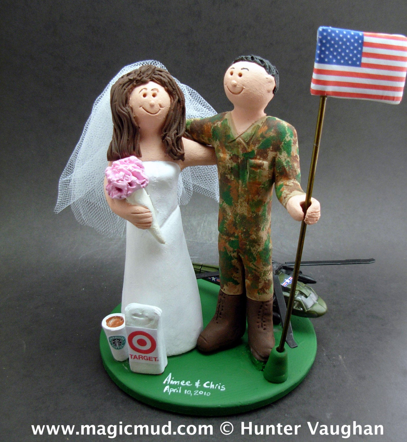 Army Pilot with Blackhawk Helicopter Wedding Cake Topper, Army Camouflage Wedding Cake Topper, American Flag Wedding Cake Topper - iWeddingCakeToppers