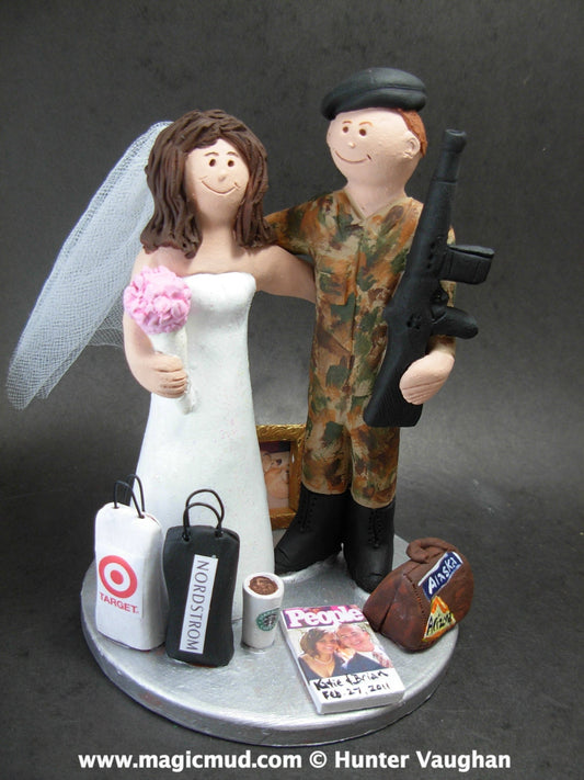 Soldier in Camouflage Wedding Cake Topper, M16  Marine Wedding Cake Topper, Shopping Bride Wedding Cake Topper, Shopaholic Bride Cake Topper