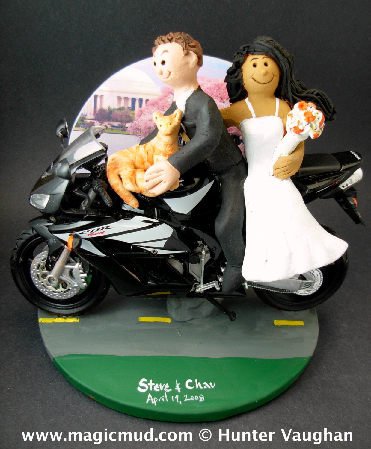 Bride and Groom on Honda Sportbike Motorcycle Wedding Cake Topper, Sport Motorcycle Wedding Cake Topper, Honda Wedding Cake Topper - iWeddingCakeToppers