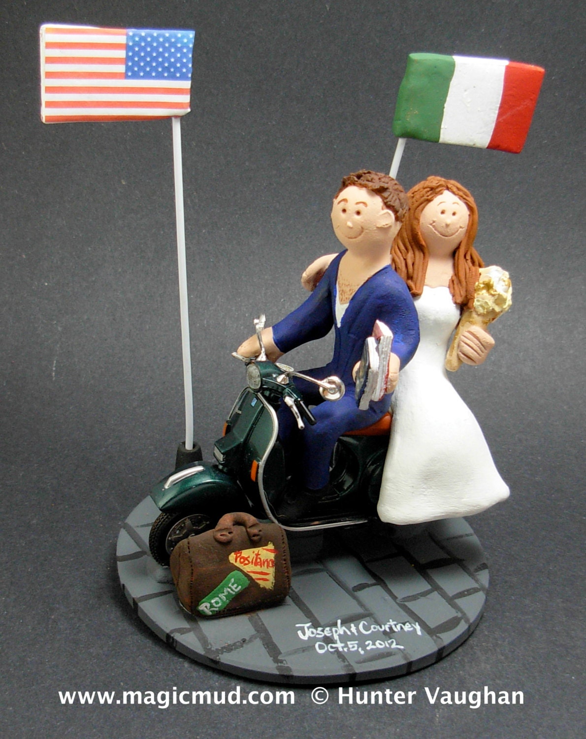 Scooter Riding Bride and Groom Wedding Cake Topper, Vespa Wedding Cake Topper, Bride and Groom on Vespa Scooter Wedding Cake Topper