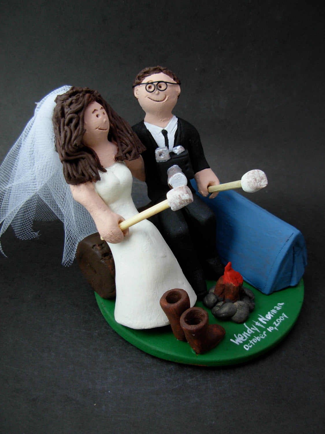 Camper's Wedding Cake Topper, Campfire Marshmallows Wedding Cake Topper, Marshmallow Wedding Cake Topper, Groom in Kilt Wedding Cake Topper - iWeddingCakeToppers