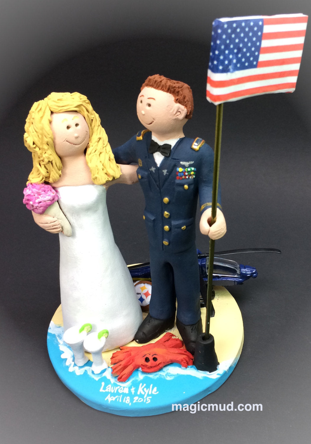 Army Pilot with Blackhawk Helicopter Wedding Cake Topper, Army Camouflage Wedding Cake Topper, American Flag Wedding Cake Topper - iWeddingCakeToppers