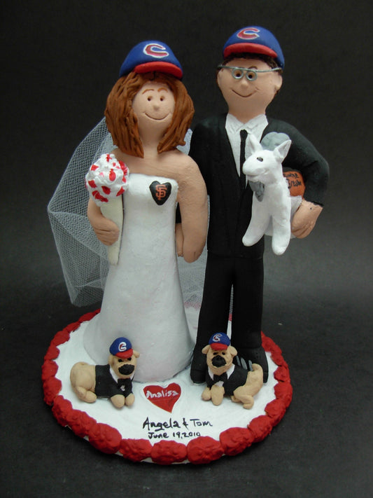 Wedding Cake Topper with Pet Pug Dogs, Pug Dogs Wedding Cake Topper, Pet Dog Wedding CakeTopper, Bride and Groom Pet Dogs Wedding CakeTopper
