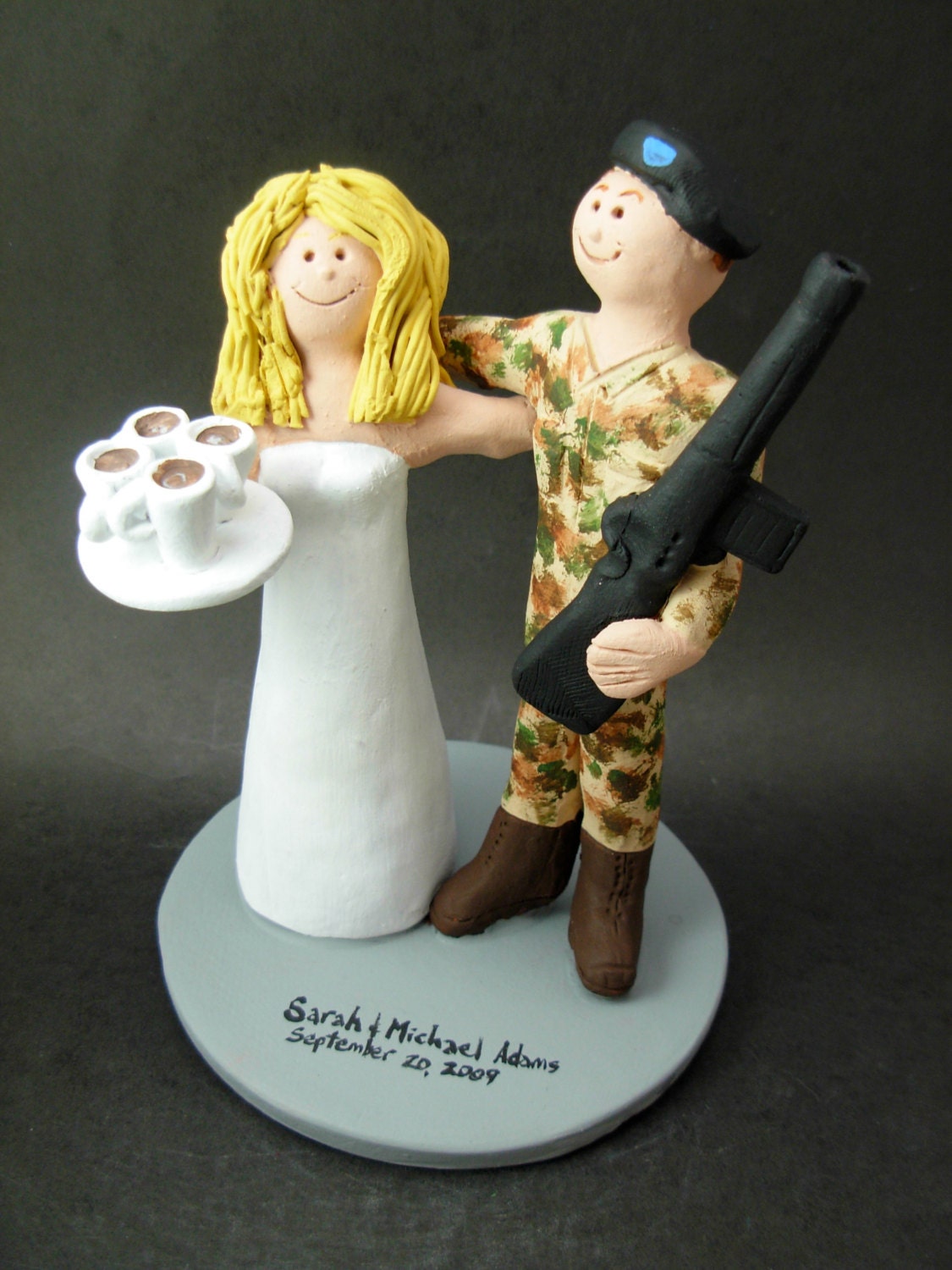 Soldier in Camouflage Wedding Cake Topper, M16  Marine Wedding Cake Topper, Shopping Bride Wedding Cake Topper, Shopaholic Bride Cake Topper