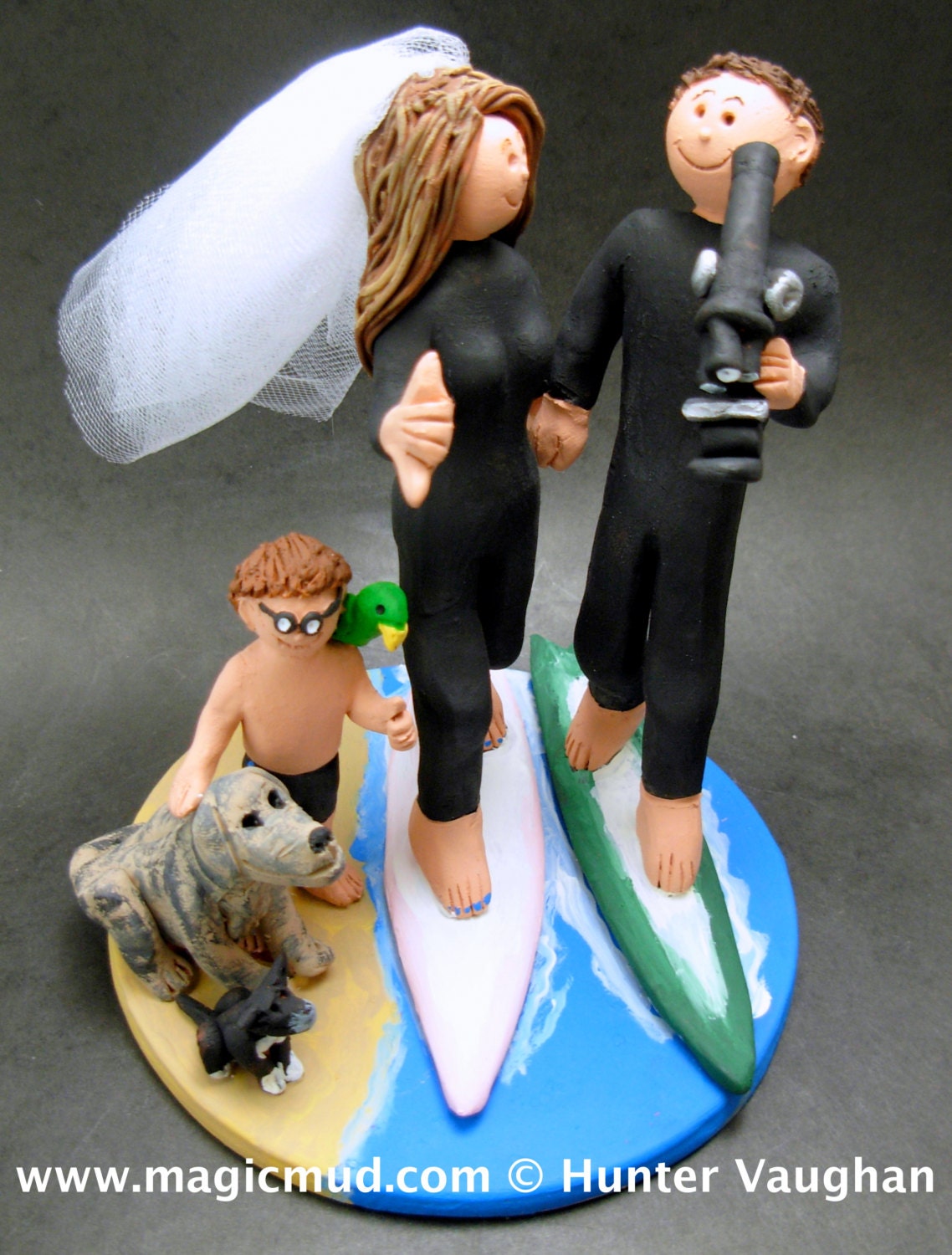 Wedding Cake Topper for Surfers, Hawaiian Wedding Cake Topper, Catch a Wave Surfers Wedding Cake Topper, Bride Flowers in Hair Cake Topper