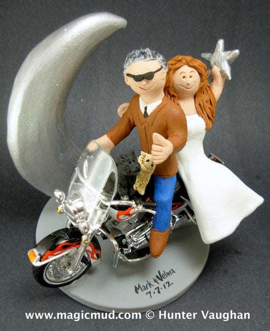 Harley Motorcycle Wedding Cake Topper, Wedding Cake Topper for Bikers, Motorcycle Wedding Cake Topper, Crescent Moon Wedding Cake Topper