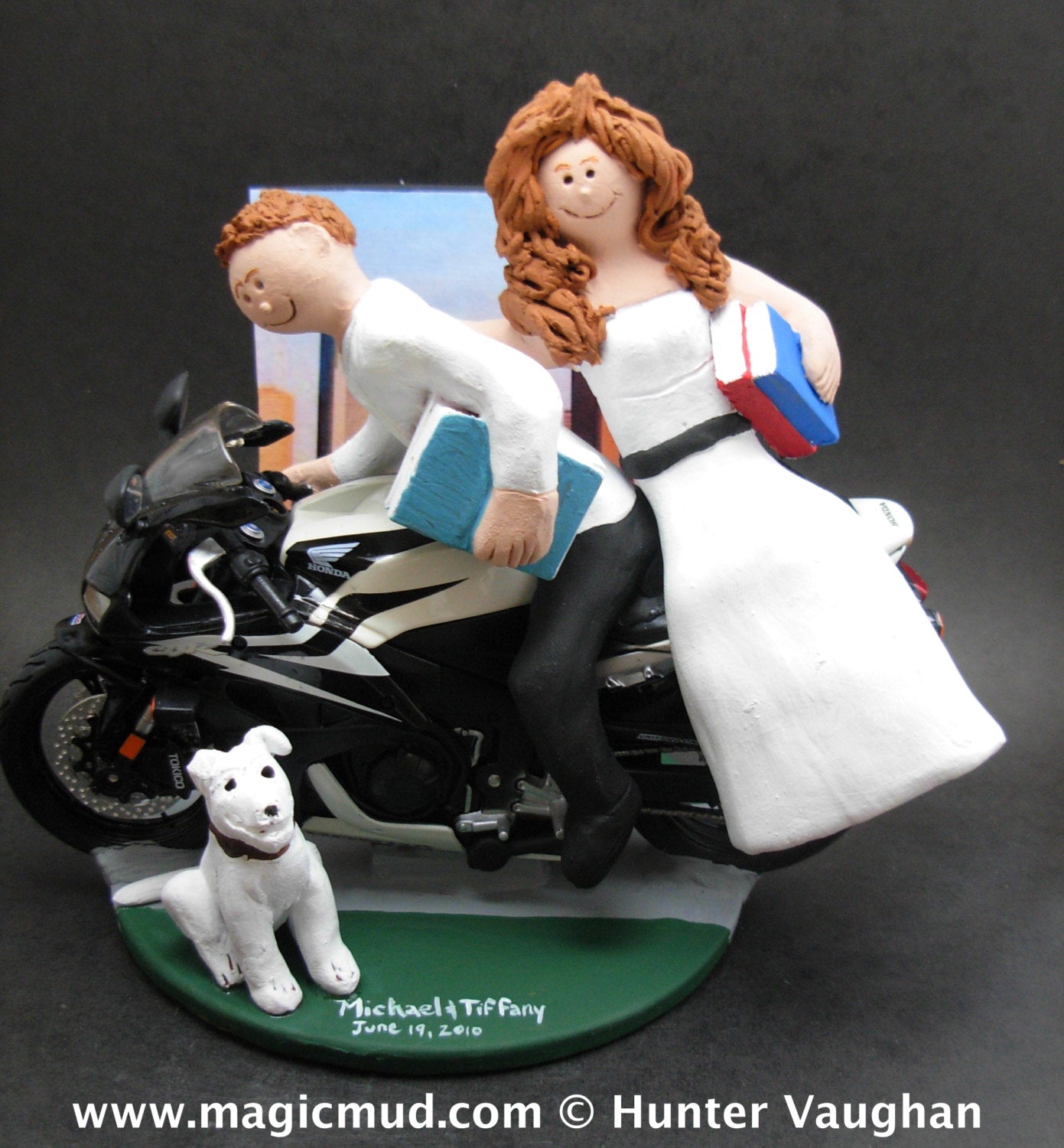 Bride and Groom on Honda Sportbike Motorcycle Wedding Cake Topper, Sport Motorcycle Wedding Cake Topper, Honda Wedding Cake Topper - iWeddingCakeToppers