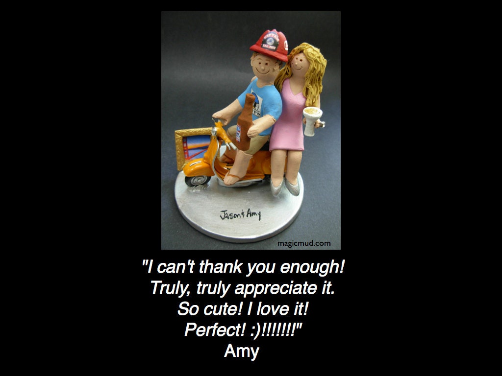 Scooter Wedding Cake Topper, Vespa Wedding Cake Topper, Bride and Groom on Vespa Scooter Wedding Cake Topper, Fireman Wedding Cake Topper