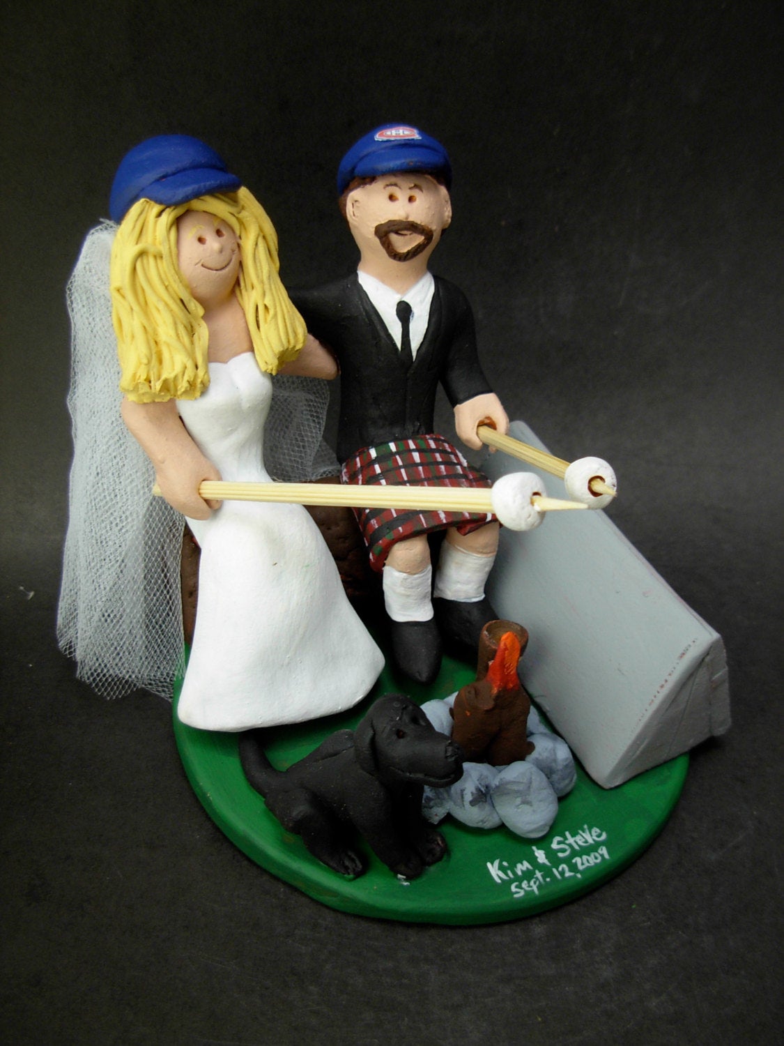 Camper's Wedding Cake Topper, Campfire Marshmallows Wedding Cake Topper, Marshmallow Wedding Cake Topper, Groom in Kilt Wedding Cake Topper - iWeddingCakeToppers