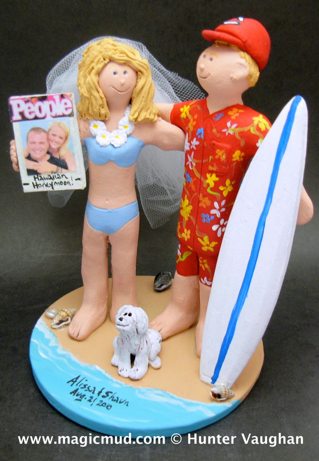 Wedding Cake Topper for Surfers, Hawaiian Wedding Cake Topper, Catch a Wave Surfers Wedding Cake Topper, Bride Flowers in Hair Cake Topper