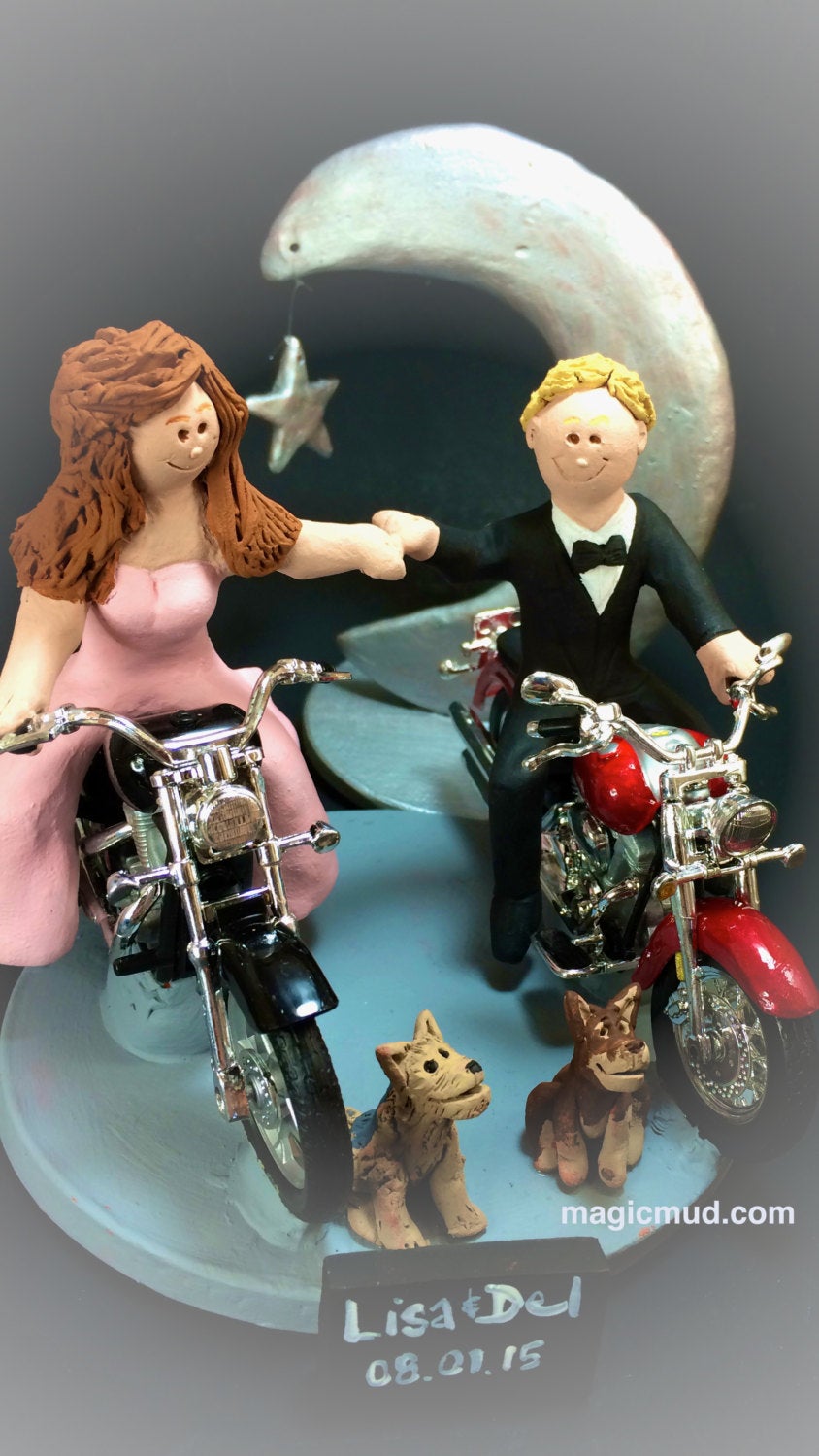 Bride and Groom Riding Harley-Davidson Motorcycles Wedding Cake Topper, Fist Bump Wedding Cake Topper, Motorcycle Bride Wedding Cake Topper - iWeddingCakeToppers
