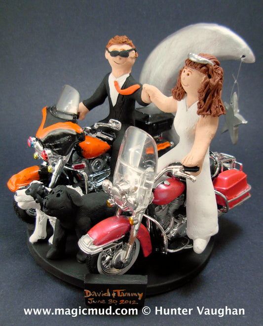 Bride and Groom Riding Harley-Davidson Motorcycles Wedding Cake Topper, Fist Bump Wedding Cake Topper, Motorcycle Bride Wedding Cake Topper - iWeddingCakeToppers