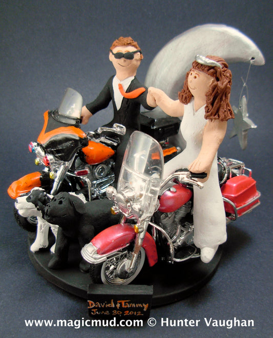 Bride and Groom Riding Harley-Davidson Motorcycles Wedding Cake Topper, Fist Bump Wedding Cake Topper, Motorcycle Bride Wedding Cake Topper