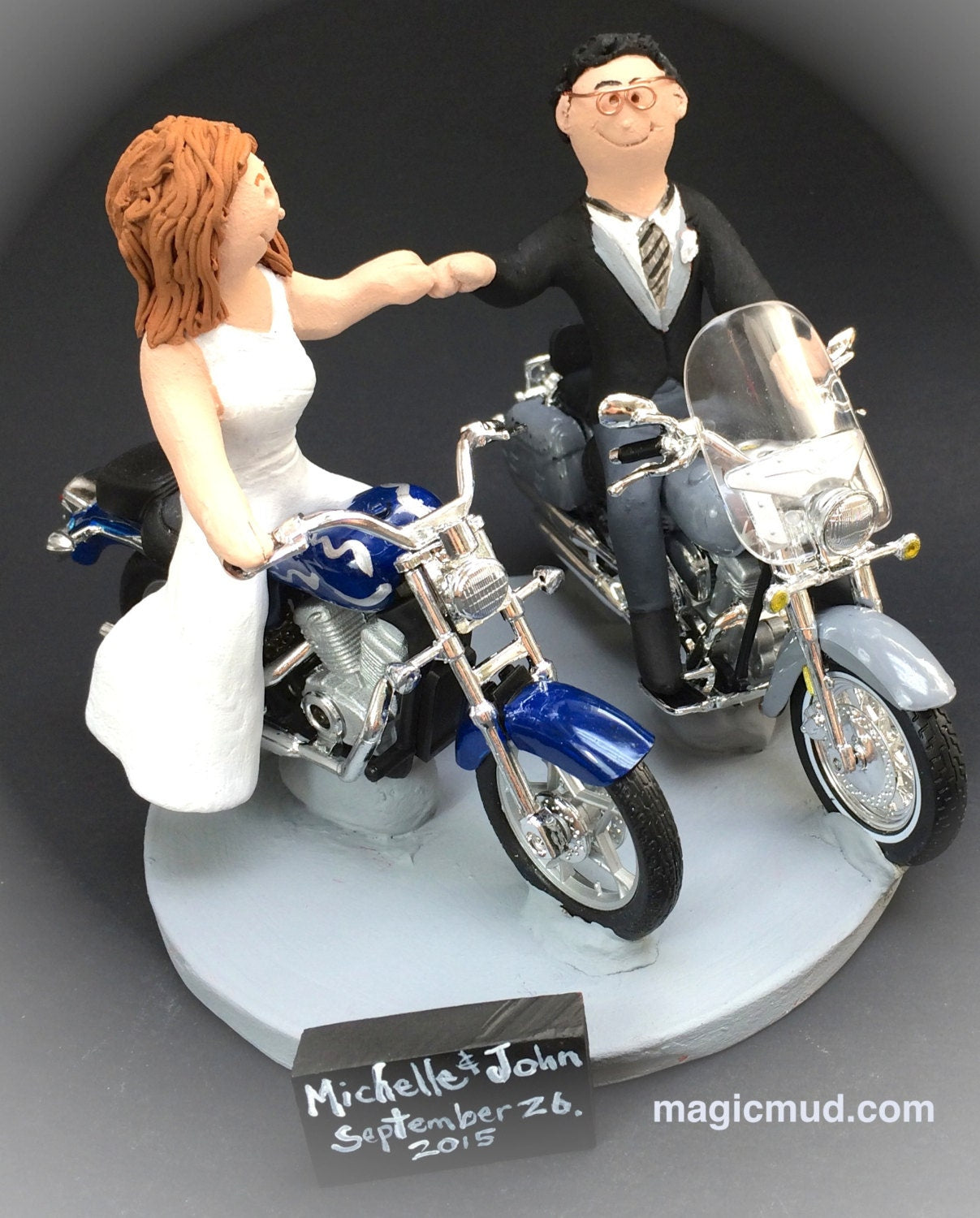 Bride and Groom Riding Harley-Davidson Motorcycles Wedding Cake Topper, Fist Bump Wedding Cake Topper, Motorcycle Bride Wedding Cake Topper