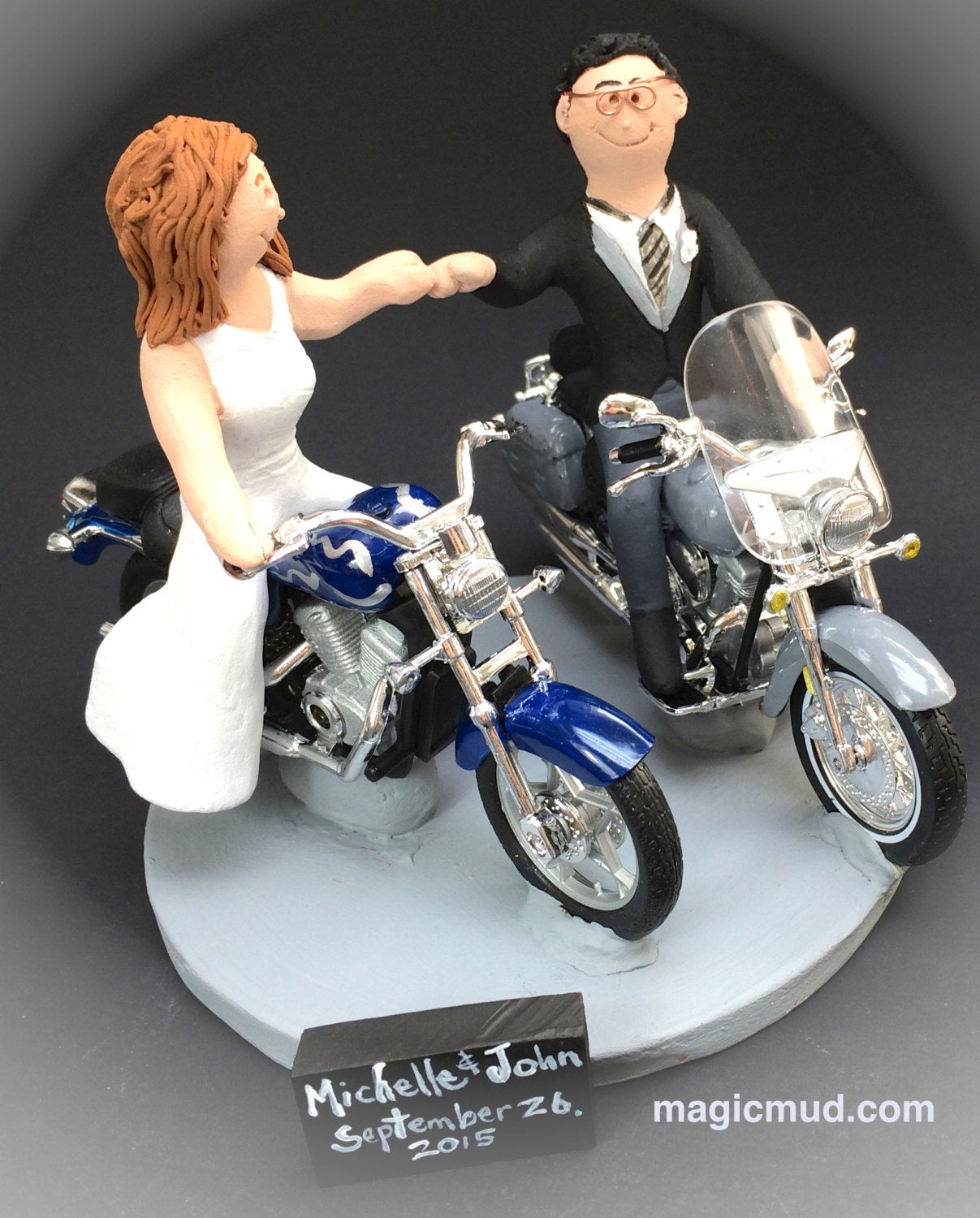 Bride and Groom Riding Harley-Davidson Motorcycles Wedding Cake Topper, Fist Bump Wedding Cake Topper, Motorcycle Bride Wedding Cake Topper - iWeddingCakeToppers