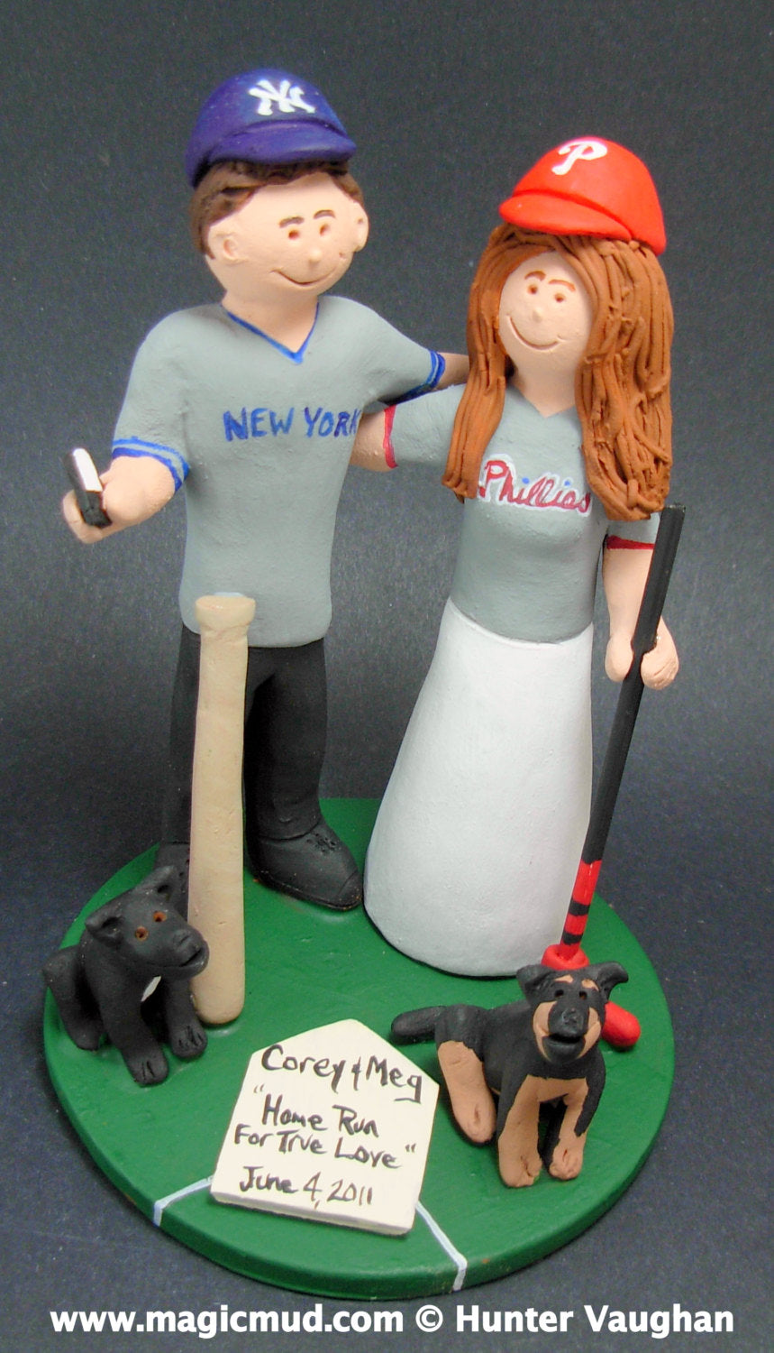 Yankees Groom Wedding Cake Topper, Phillies Bride Wedding Cake Topper, Baseball Wedding Cake Topper, Bride and Groom in Jerseys Cake Topper - iWeddingCakeToppers