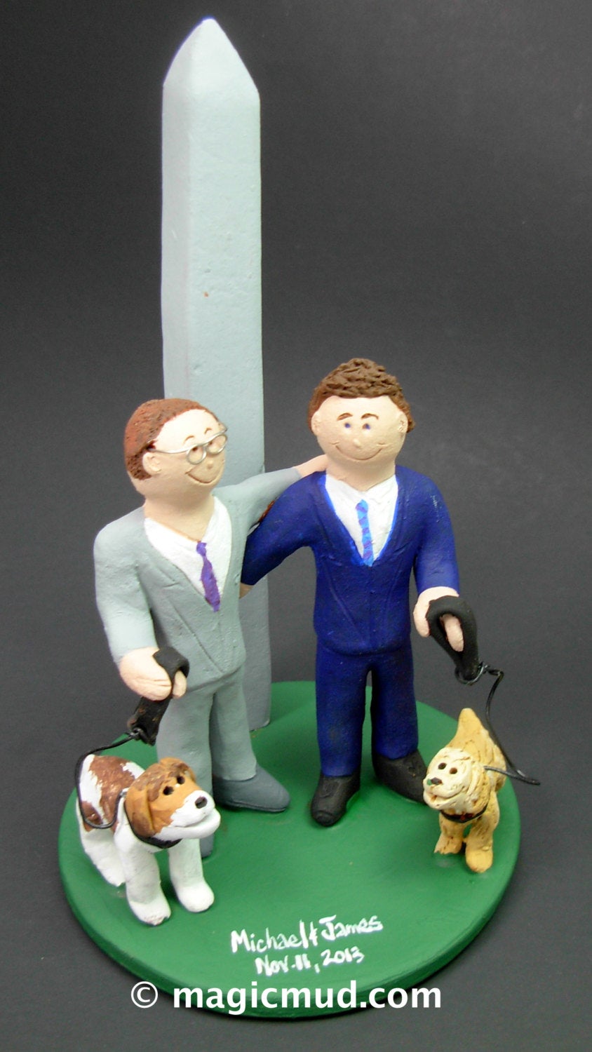 Same Sex Wedding Cake Topper with Pet Dogs , Gay Wedding Cake Topper, Caketopper for 2 Men, Two Grooms Caketopper, Gays Wedding Cake Topper - iWeddingCakeToppers