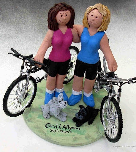 Gay Brides with Bicycles Wedding Caketopper, Lesbian Wedding Cake Topper, Gay Wedding Figurine, Same Sex WeddingCake Topper, Gay CakeTopper - iWeddingCakeToppers