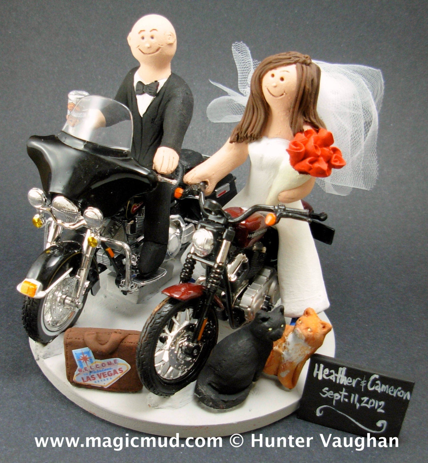 Bride and Groom Riding Harley-Davidson Motorcycles Wedding Cake Topper, Bikers Wedding Cake Topper, Harley Motorcycle Wedding Cake Topper