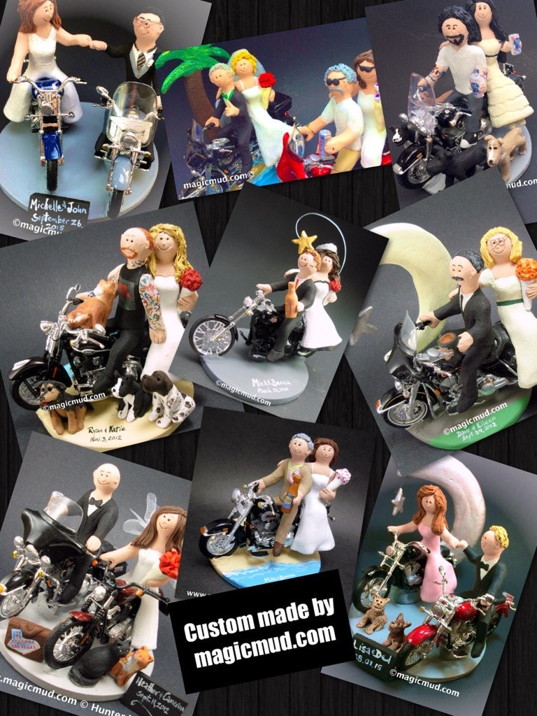 Bride and Groom on Motorcycles Wedding Cake Topper
