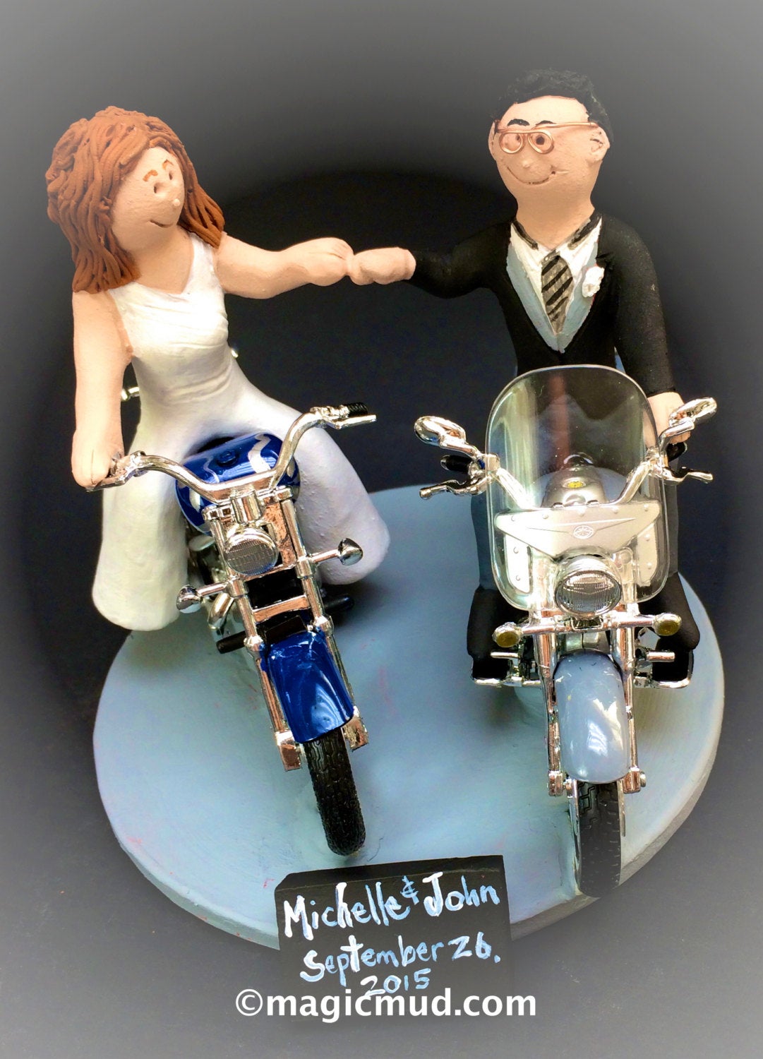 Bride and Groom Riding on Motorcycles Wedding Cake Topper, Bikers Wedding Anniversary CakeTopper, Motorcycle Couple Wedding Anniversary Gift - iWeddingCakeToppers