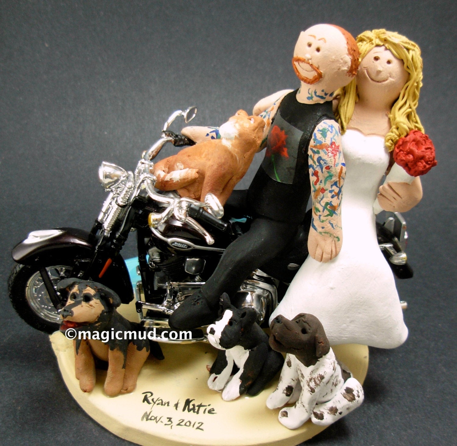 Tattooed Groom on a Harley Wedding Cake Topper - iWeddingCakeToppers