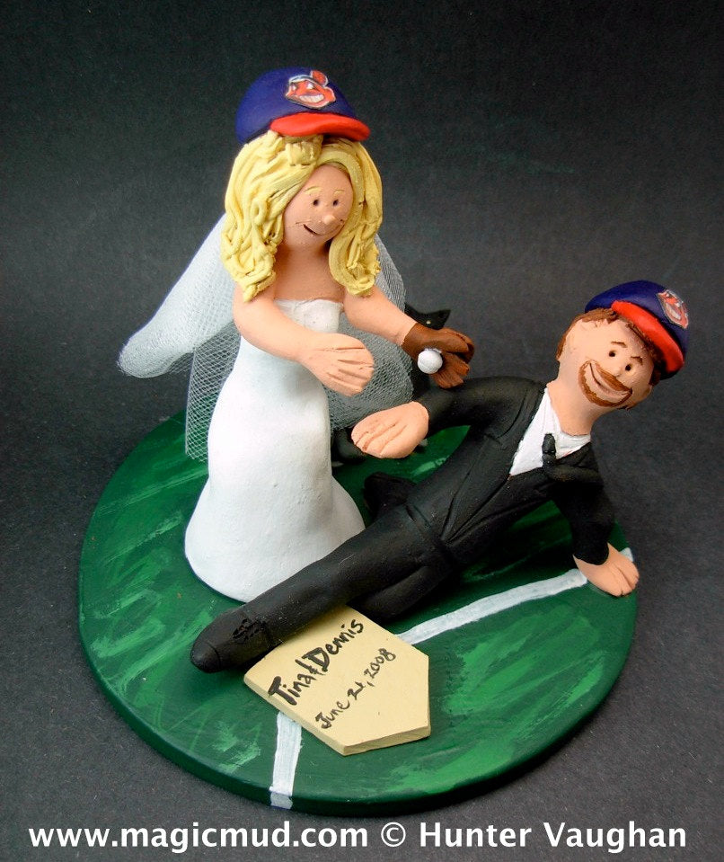 Baseball Bride at Homeplate Wedding Cake Topper, Cleveland Indians Wedding Anniversary Gift, Cleveland Indians Baseball Anniversary Gift - iWeddingCakeToppers