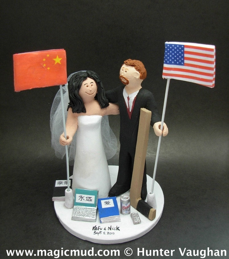 Chinese Bride and American Groom Wedding Cake Topper, Mixed Race Wedding Cake Topper, Interracial Wedding Anniversary Gift Figurine.