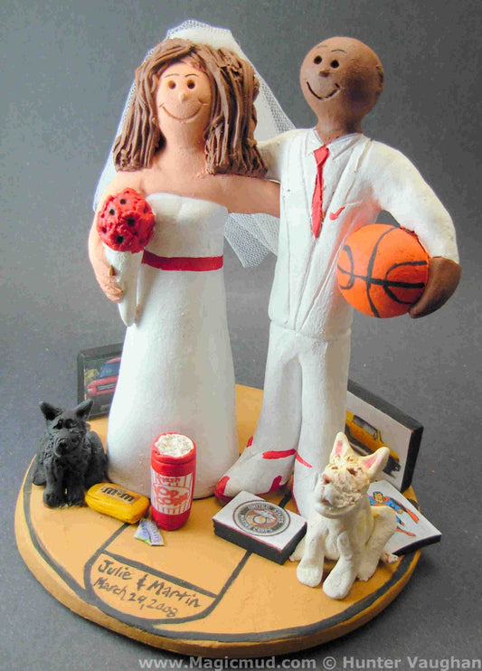 Biracial Wedding Cake Topper, White Bride Black Groom Wedding Cake Topper, Basketball Groom Wedding Cake Topper, Mixed Race Anniversary Gift - iWeddingCakeToppers