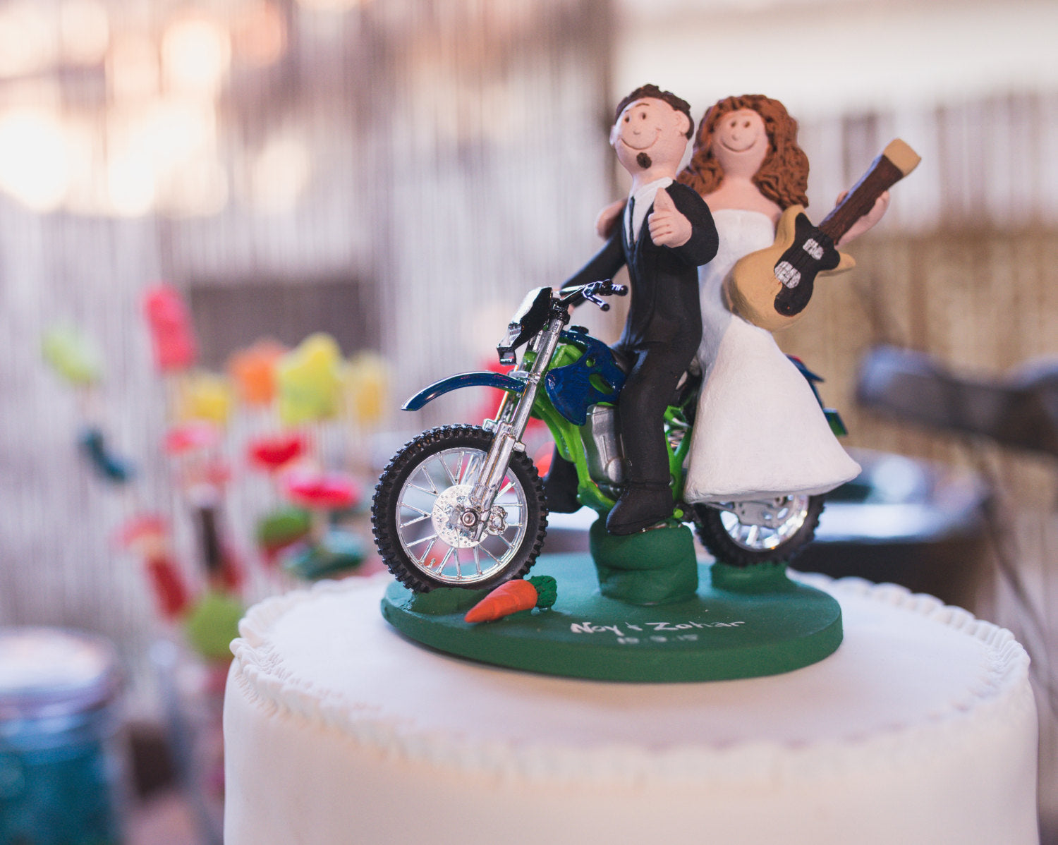 Bride and Groom on Off Road Motorcycle Wedding Cake Topper, Motorcycle Wedding Anniversary Gift, Motorcycle Wedding Anniversary Gift - iWeddingCakeToppers