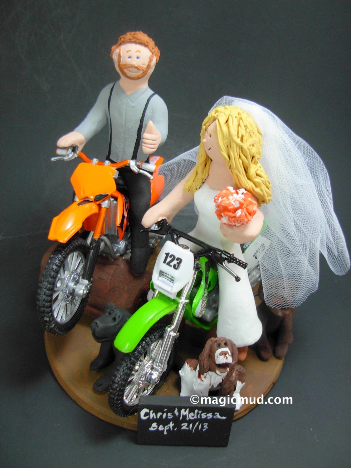 Bride and Groom on Dirt Motorcycles Wedding Cake Topper, Dirt Motorcycles Wedding Anniversary Gift/Cake Topper, KTM Wedding Anniversary Gift - iWeddingCakeToppers