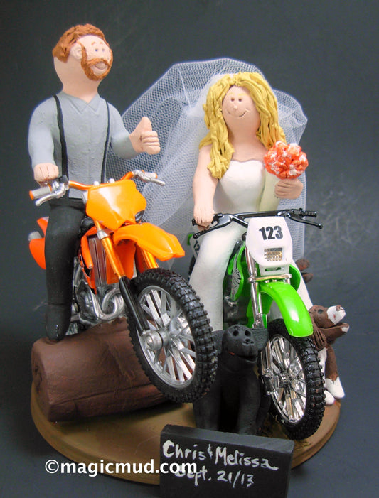 Bride and Groom on Dirt Motorcycles Wedding Cake Topper, Dirt Motorcycles Wedding Anniversary Gift/Cake Topper, KTM Wedding Anniversary Gift - iWeddingCakeToppers