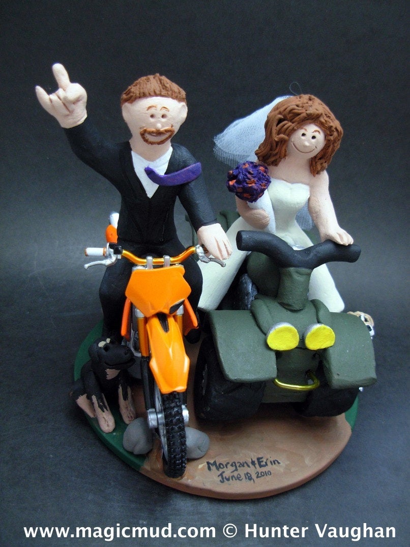 Bride on ATV Groom on Motorcycle Wedding Cake Topper, ATV Riders Wedding Anniversary Gift, Off Road Riders Wedding Anniversary Gift, - iWeddingCakeToppers