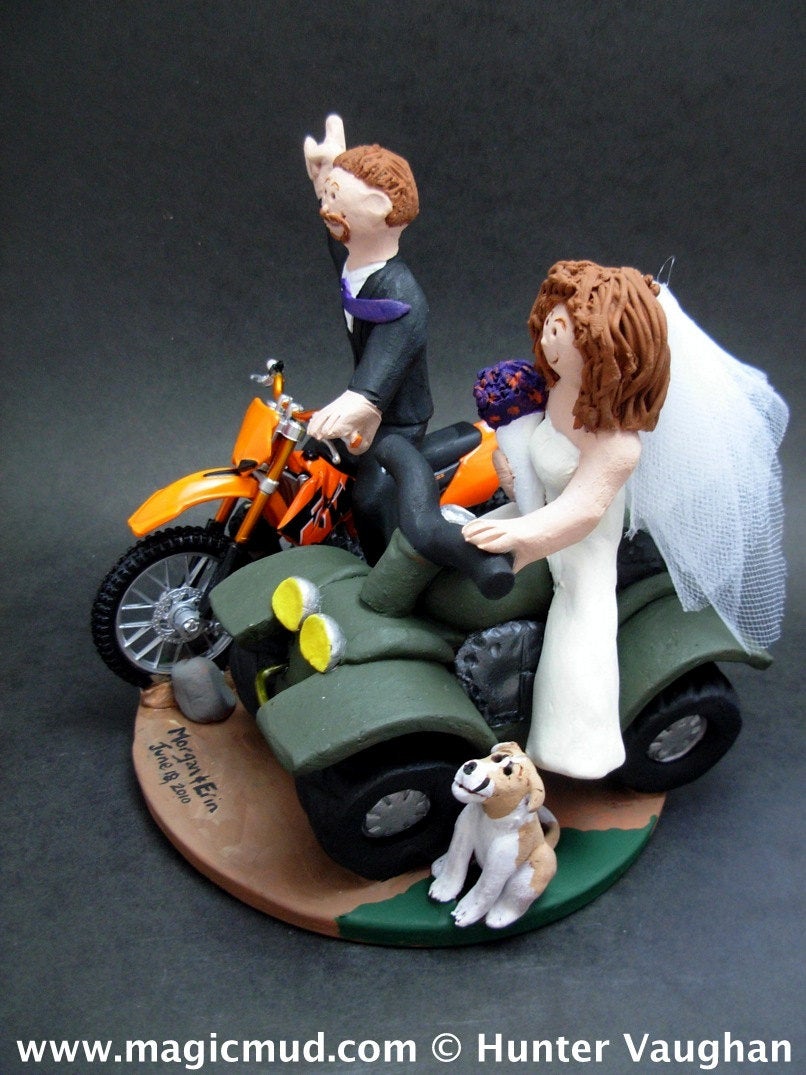 Bride on ATV Groom on Motorcycle Wedding Cake Topper, ATV Riders Wedding Anniversary Gift, Off Road Riders Wedding Anniversary Gift, - iWeddingCakeToppers