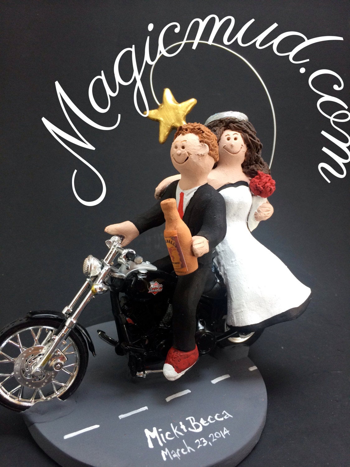 Goateed Groom on a Harley Wedding Cake Topper, Harley Wedding Anniversary Gift/Cake Topper, Motorcycle Bride and Groom Wedding Cake Topper. - iWeddingCakeToppers