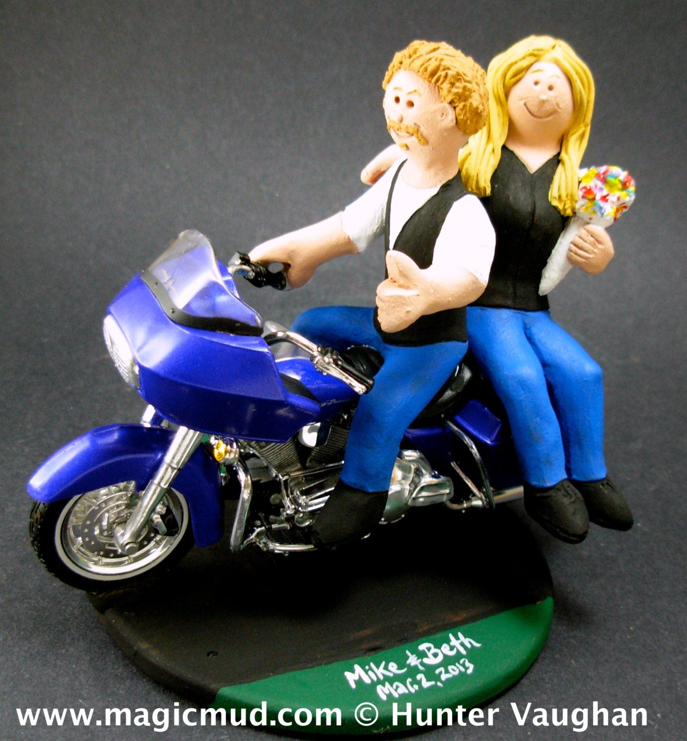 Goateed Groom on a Harley Wedding Cake Topper, Harley Wedding Anniversary Gift/Cake Topper, Motorcycle Bride and Groom Wedding Cake Topper.
