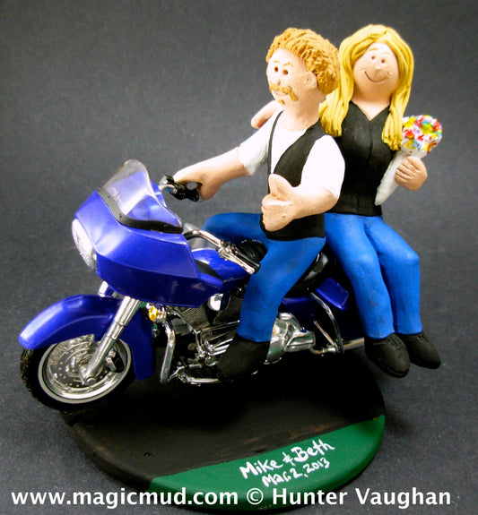 Goateed Groom on a Harley Wedding Cake Topper, Harley Wedding Anniversary Gift/Cake Topper, Motorcycle Bride and Groom Wedding Cake Topper.