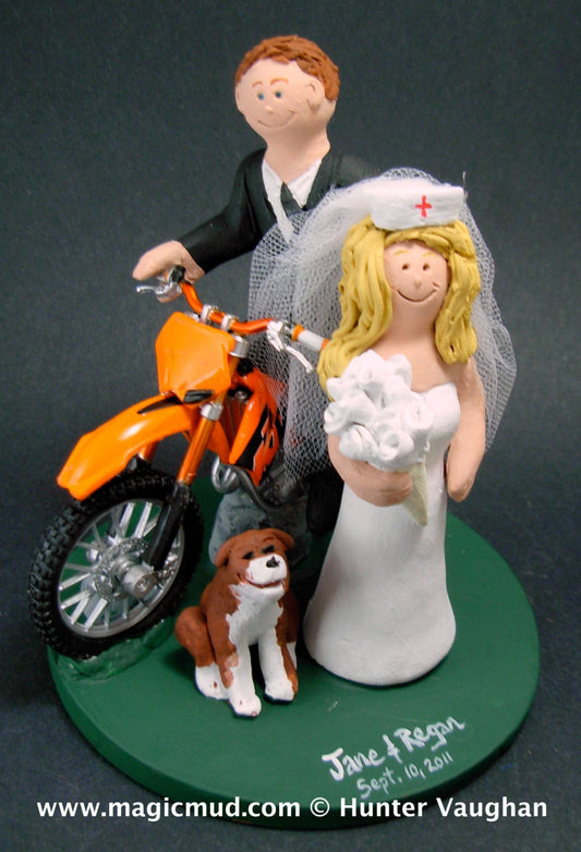 Nurse Bride and Off Road Motorcycle Groom Wedding Cake Topper, Anniversary Gift for Motorcycle Riders, Nurse's Wedding Anniversary Gift.