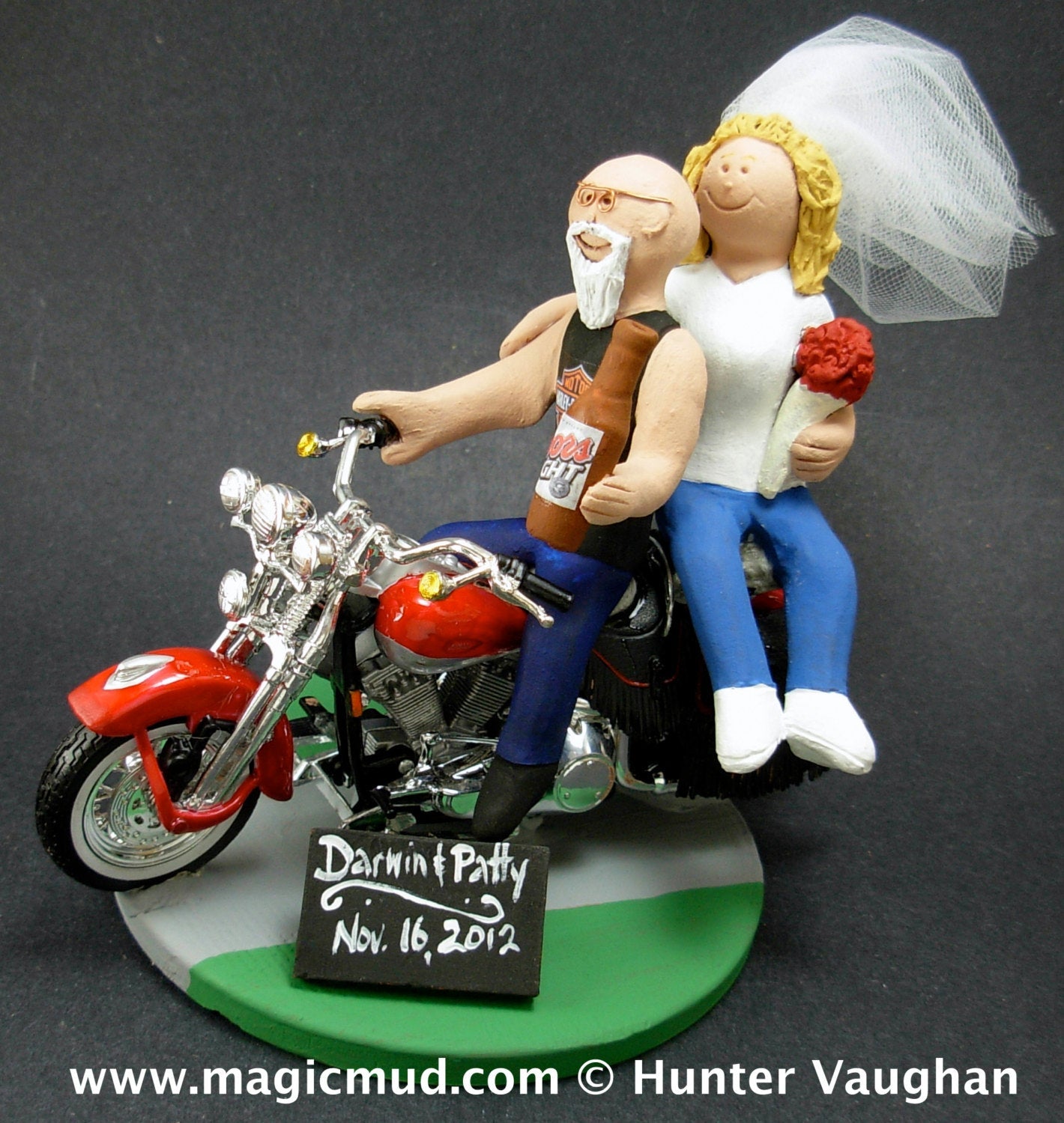 Bald Biker Groom on Harley Davidson Wedding Cake Topper, Harley Davidson Wedding Anniversary Gift/Cake Topper, Biker's Anniversary gift - iWeddingCakeToppers