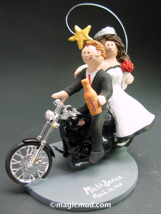 Couple on Harley Davidson Sportster Wedding Cake Topper, Bikers Wedding Anniversary Gift, CakeTopper for Motorcycle Bride - iWeddingCakeToppers