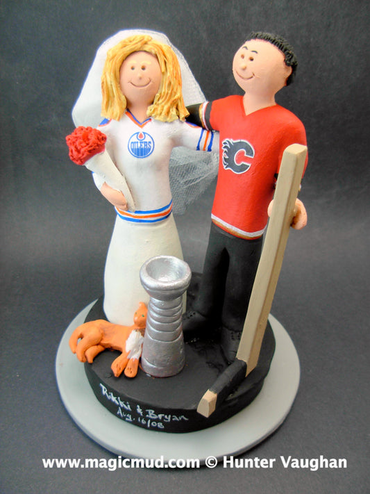 Calgary Flames Hockey Wedding Cake Topper, Oilers Hockey Bride Wedding Cake Topper, Stanley Cup Wedding Anniversary Gift, Hockey Caketopper - iWeddingCakeToppers