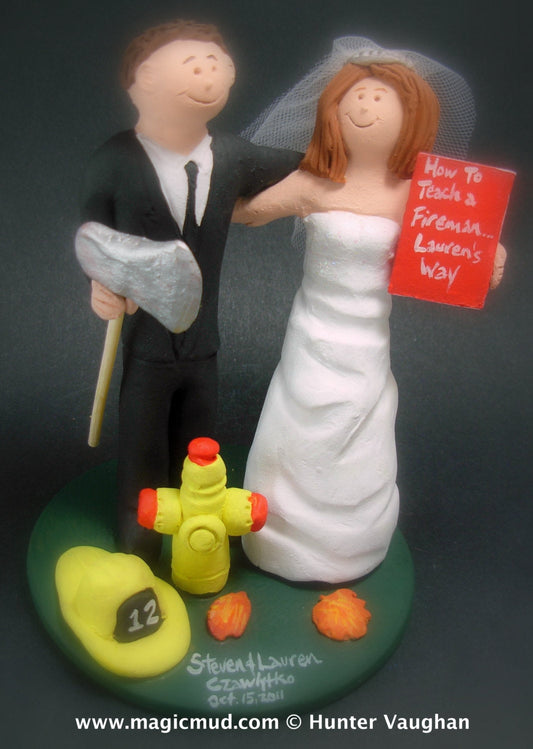 FireFighter Groom Marries Teacher Bride Wedding Cake Topper, Fireman Wedding Cake Topper, Fire Fighters Wedding CakeTopper, Fireman Figurine - iWeddingCakeToppers