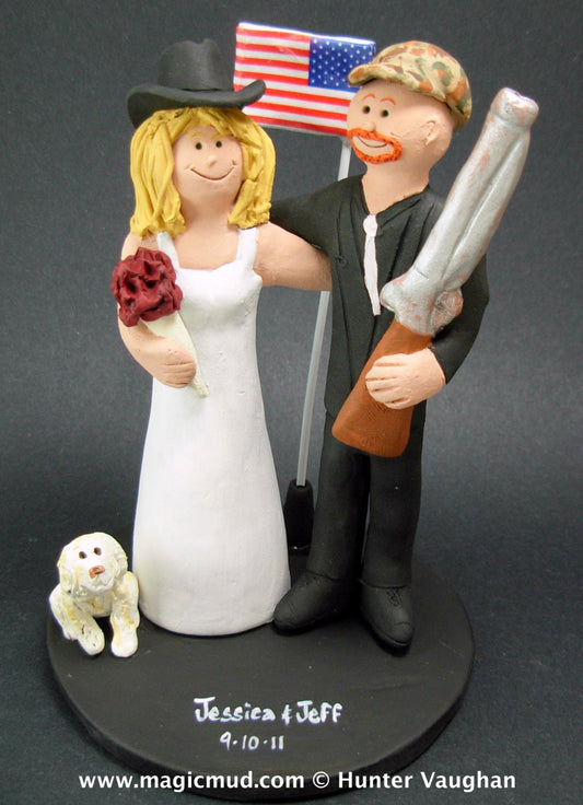 NRA Hunter Groom Wedding Cake Topper, Cowboy Bride Wedding Cake Topper, Old Glory Wedding Cake Topper, Camouflage Groom Wedding Cake Topper