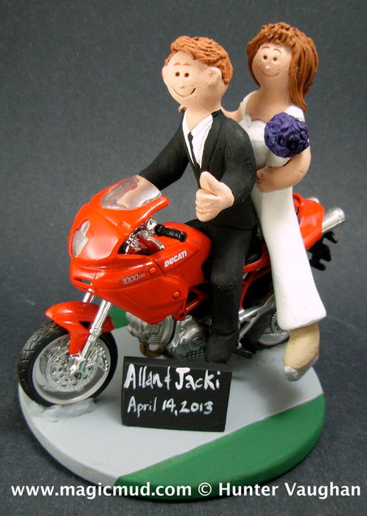 Bride and Groom on Ducati Sportbike Motorcycle Wedding Cake Topper, Motorcycle Wedding Cake Topper, Motorcycle Riders Wedding Cake Topper - iWeddingCakeToppers