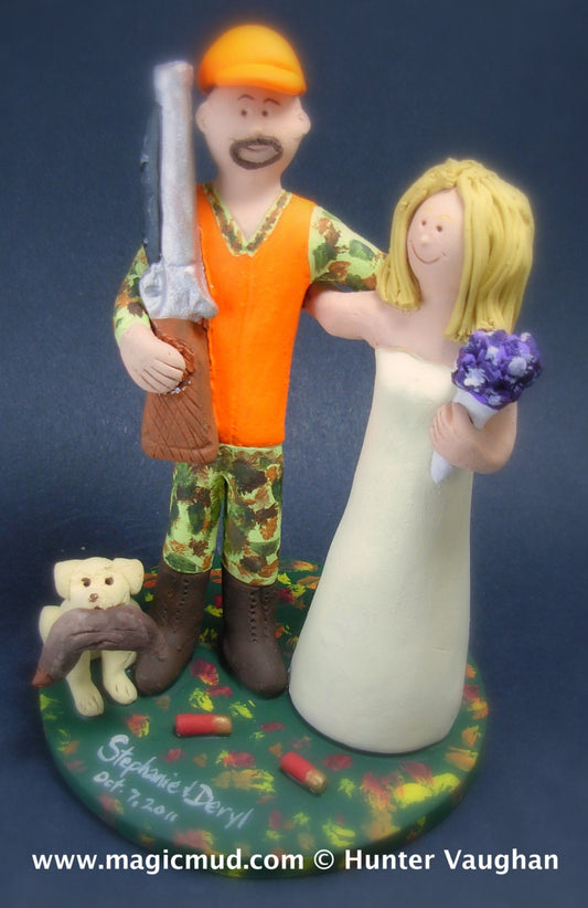 Custom Wedding Cake Topper for a Hunter's Marriage, Duck Hunters Wedding Cake Topper, Hunter in Blaze Orange Vest Wedding Cake Topper