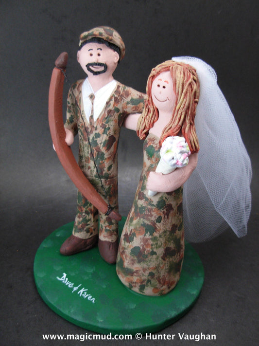 Bow Hunter and Bride in Camouflage Wedding Cake Topper, Camouflage Bride Wedding Cake Topper, Bow Hunting Groom Wedding Cake Topper,